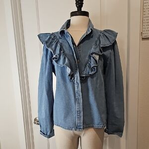 Ruffled Denim Button-Front Women's Shirt - Blue